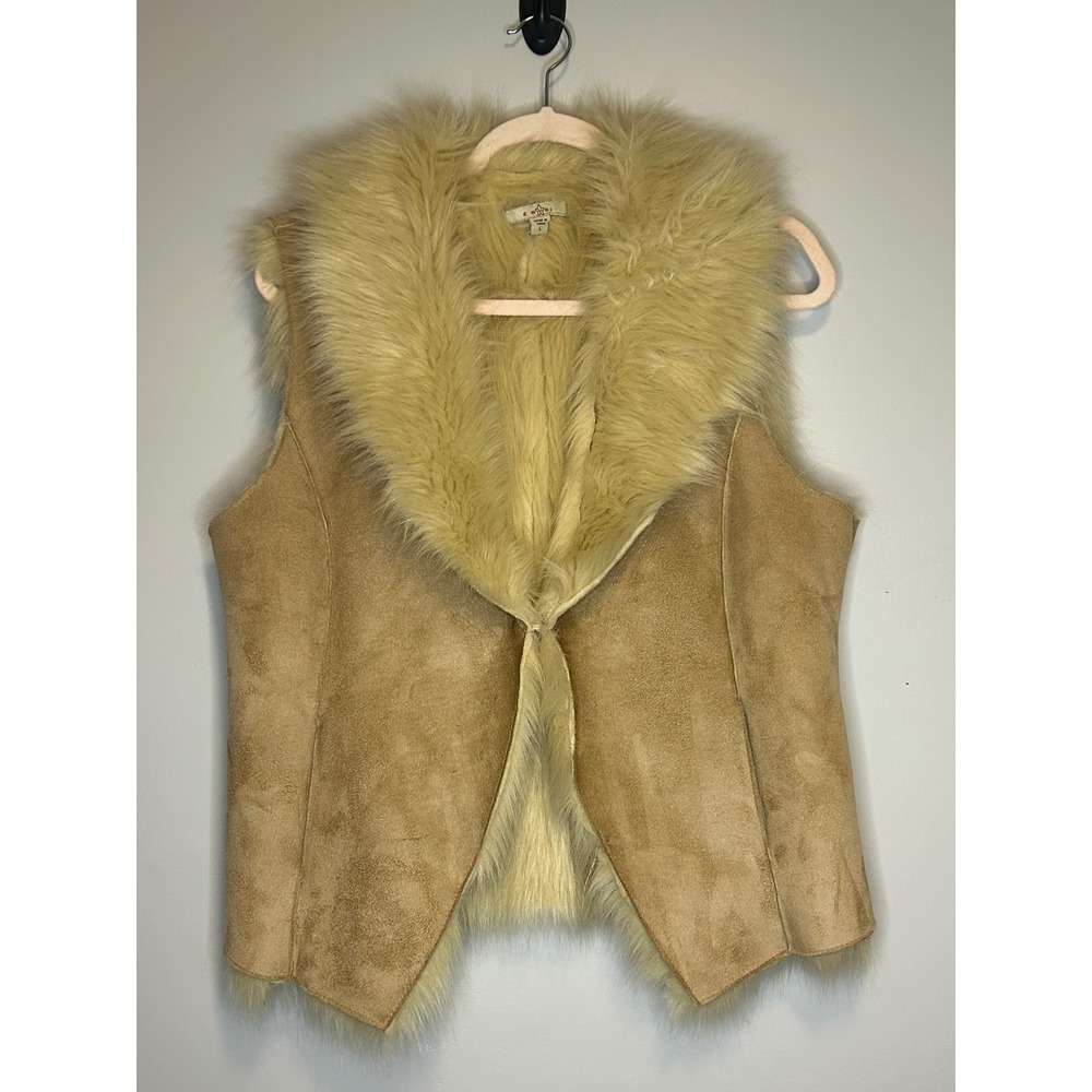 Vintage Fever Womens Faux Fur Lined Suede Vest Tan Large Boho Cozy Retro